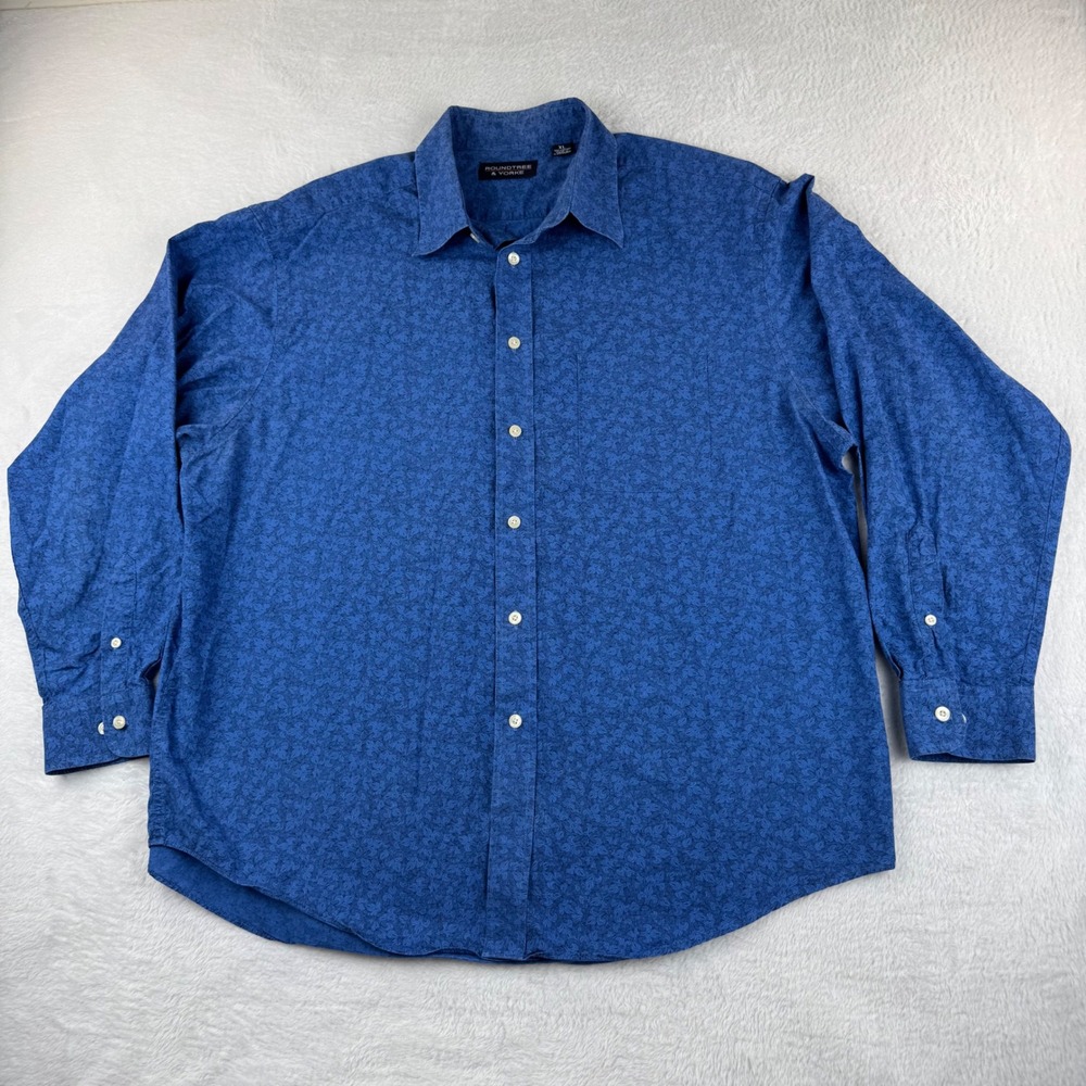 Roundtree & Yorke Button‎ Down Shirt Mens XL Blue Floral Scroll Long Slv Cotton